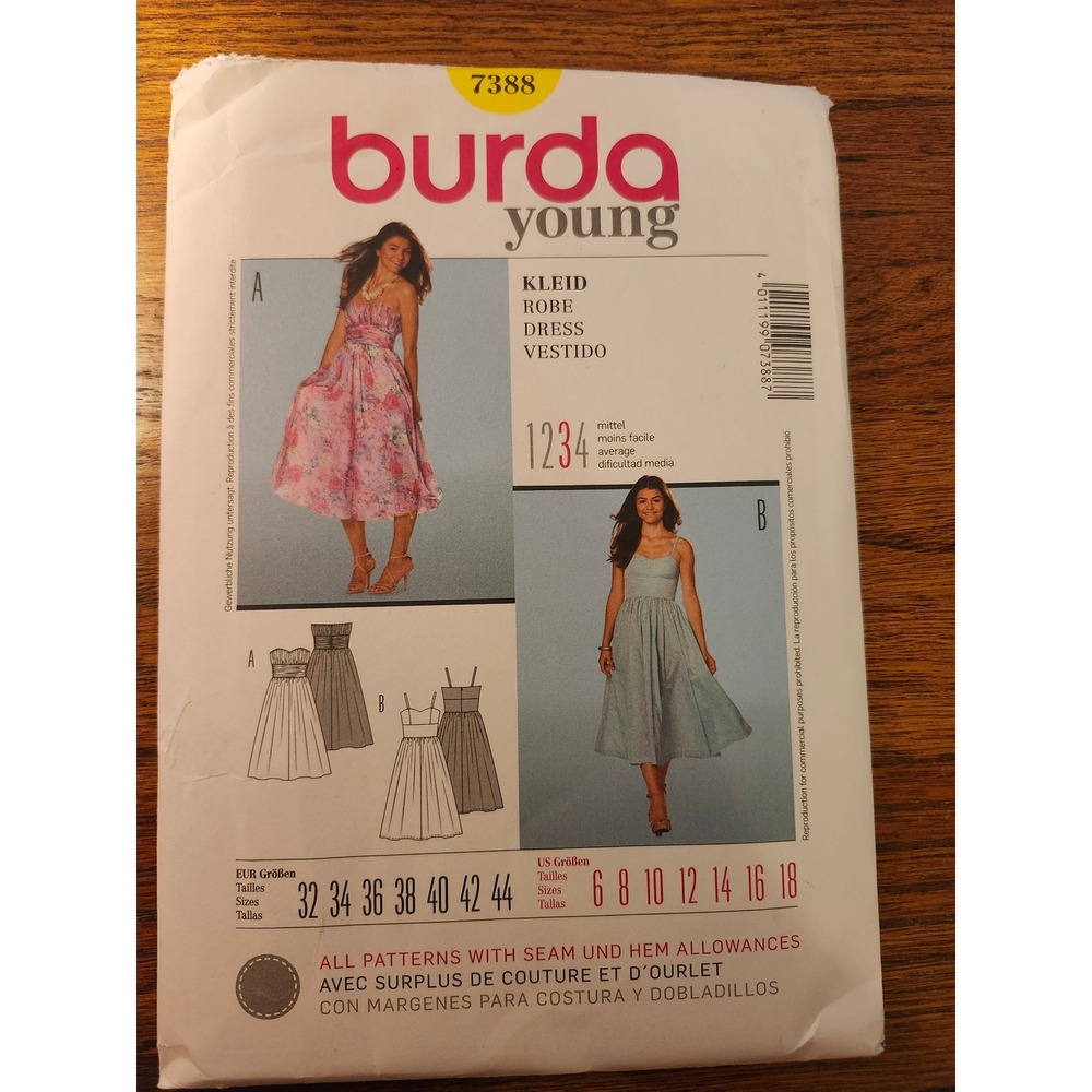 Burda Young 7388 Sewing Pattern Strapless Spaghetti Strap Dress Size 6-18 UNCUT